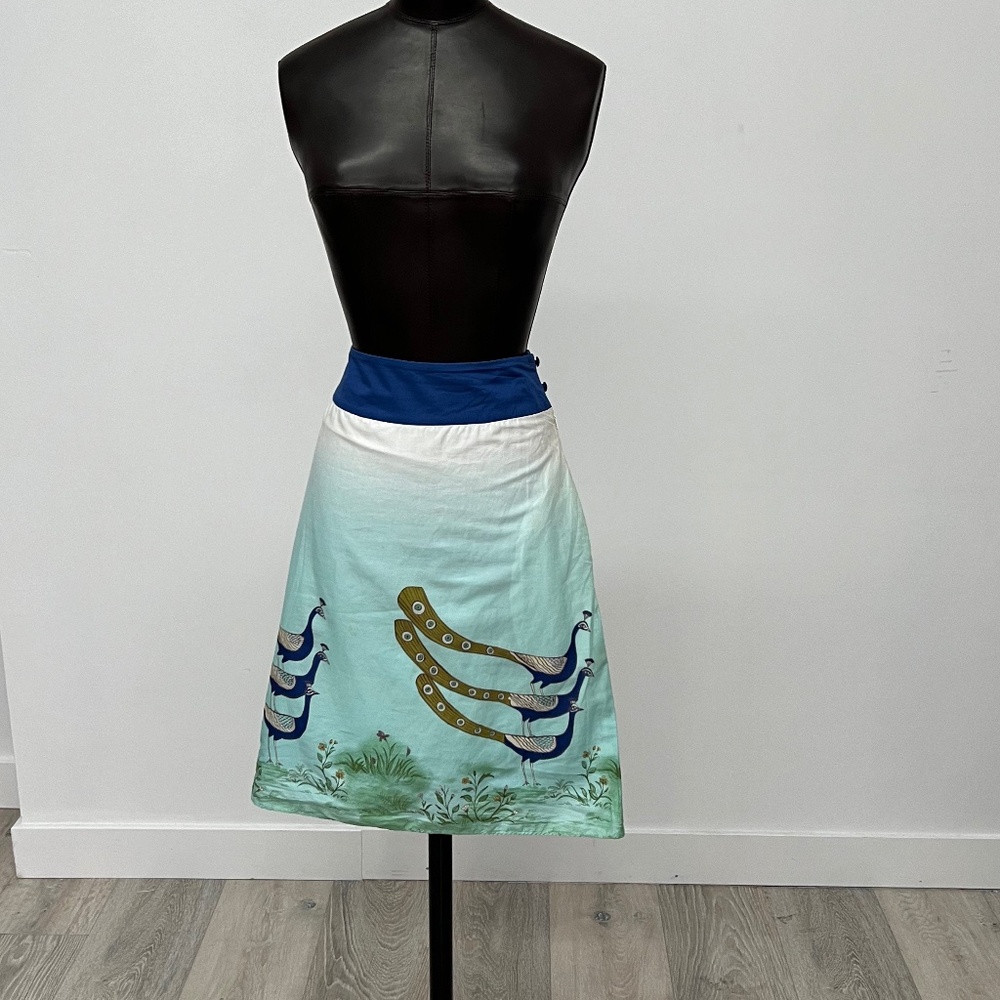 Mint Peacock Hand-Painted Skirt | Artistic A-Line Statement Piece
